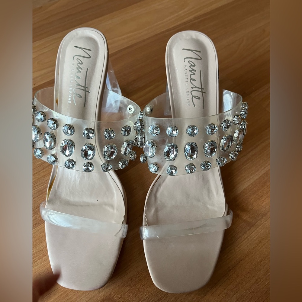 Nanette Lepore Blake Clear Rhinestone Block Heel Sandals Size 11M - Picture 2 of 13